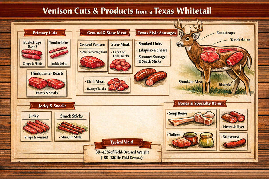 Butchered cuts of Venison from a Texas Whitetail Deer.